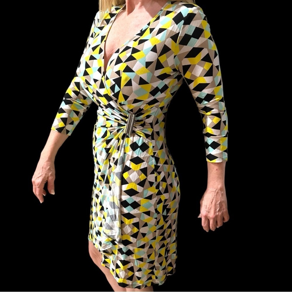 Calvin Klein wrap‎ cinched and Yellow n Black Fabric patterned dress